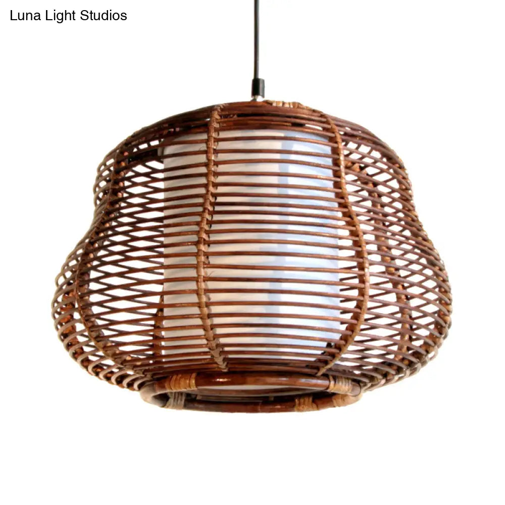 Contemporary Bamboo Pendant Light - Brown Suspension With Pear Head