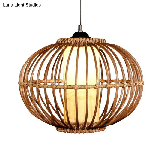 Contemporary Bamboo Pendant Light - Brown Suspension With Pear Head