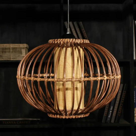 Contemporary Bamboo Pendant Light - Brown Suspension With Pear Head / A