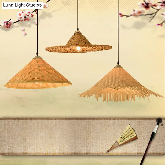 Contemporary Bamboo Pendant Light With Hat Shape: Single-Bulb Wood Suspension Fixture