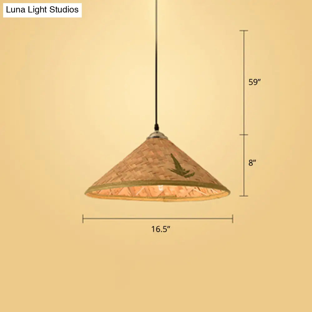 Contemporary Bamboo Pendant Light With Hat Shape: Single-Bulb Wood Suspension Fixture