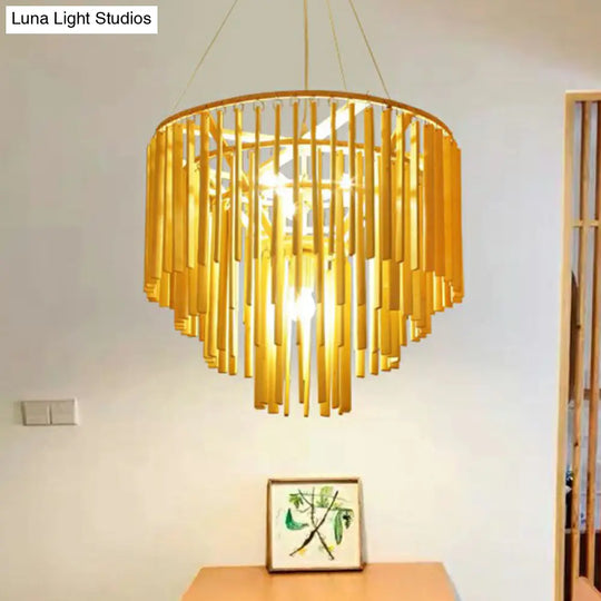 Contemporary Bamboo Pendant Light - Yellow Tiered Chandelier With 4 Heads For Restaurants