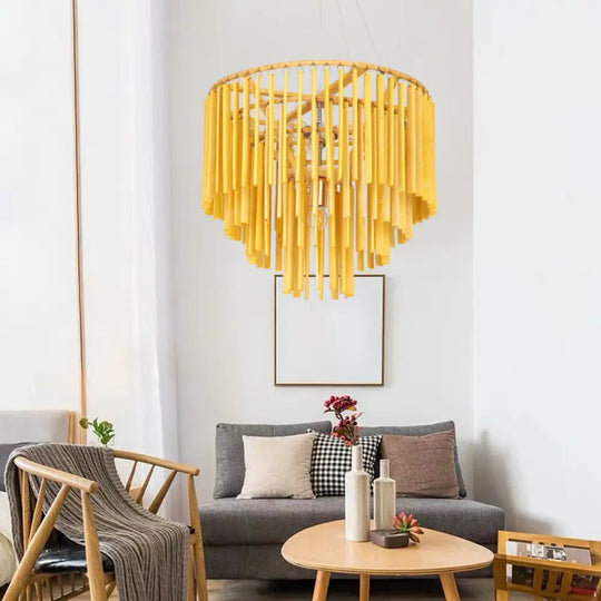 Contemporary Bamboo Pendant Light - Yellow Tiered Chandelier With 4 Heads For Restaurants / 16