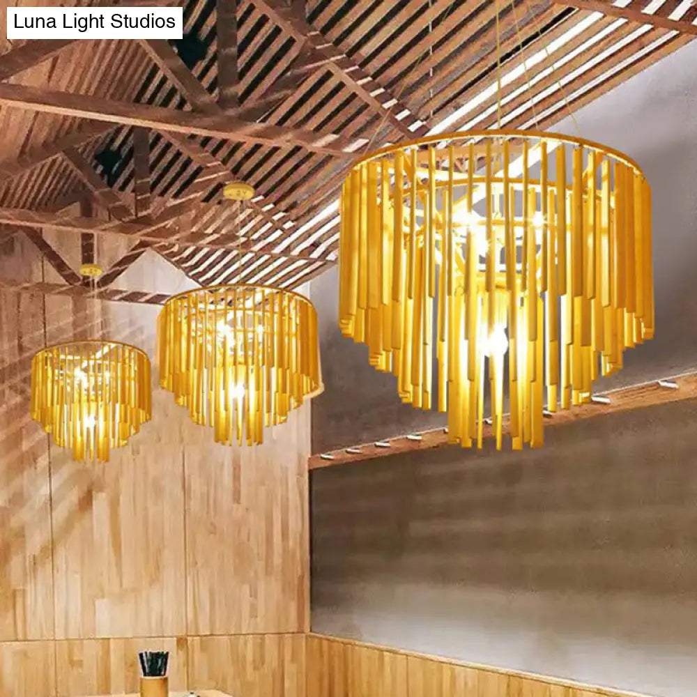 Contemporary Bamboo Pendant Light - Yellow Tiered Chandelier With 4 Heads For Restaurants