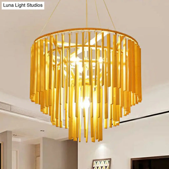 Contemporary Bamboo Pendant Light - Yellow Tiered Chandelier With 4 Heads For Restaurants