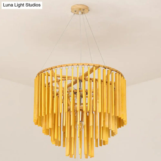 Contemporary Bamboo Pendant Light - Yellow Tiered Chandelier With 4 Heads For Restaurants