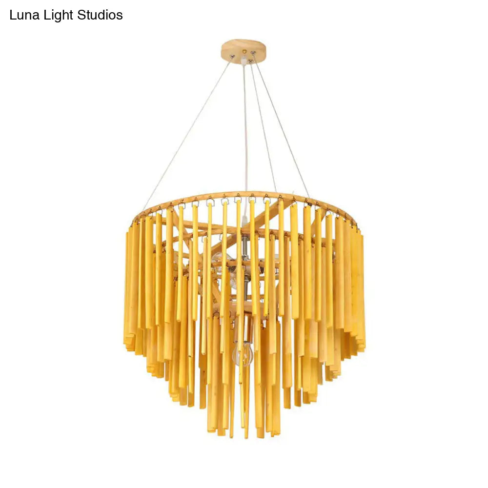 Contemporary Bamboo Pendant Light - Yellow Tiered Chandelier With 4 Heads For Restaurants