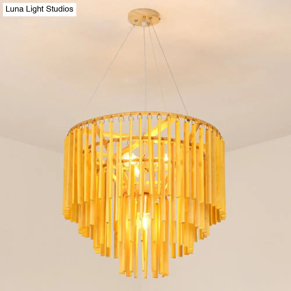 Contemporary Bamboo Pendant Light - Yellow Tiered Chandelier With 4 Heads For Restaurants