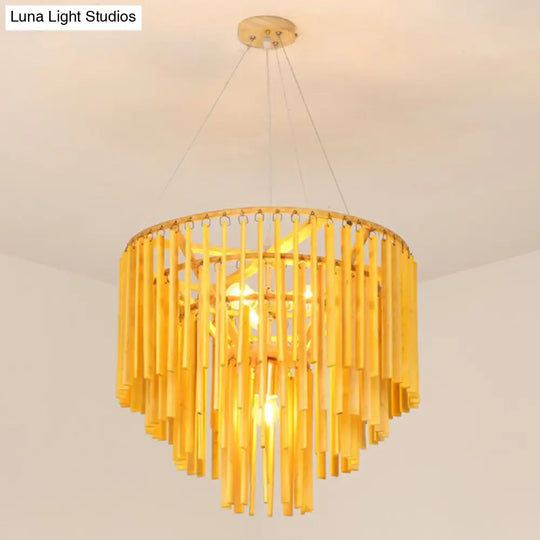 Contemporary Bamboo Pendant Light - Yellow Tiered Chandelier With 4 Heads For Restaurants