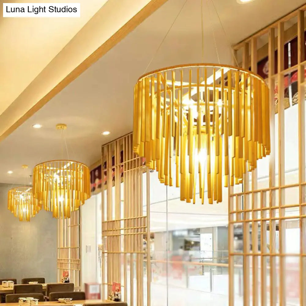 Contemporary Bamboo Pendant Light - Yellow Tiered Chandelier With 4 Heads For Restaurants