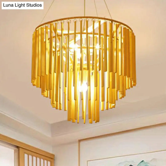 Contemporary Bamboo Pendant Light - Yellow Tiered Chandelier With 4 Heads For Restaurants