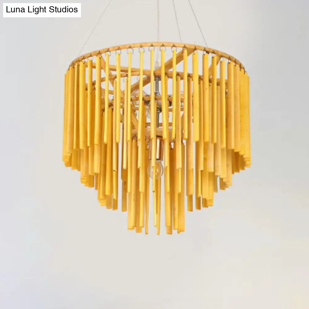 Contemporary Bamboo Pendant Light - Yellow Tiered Chandelier With 4 Heads For Restaurants