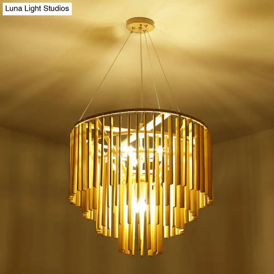 Contemporary Bamboo Pendant Light - Yellow Tiered Chandelier With 4 Heads For Restaurants