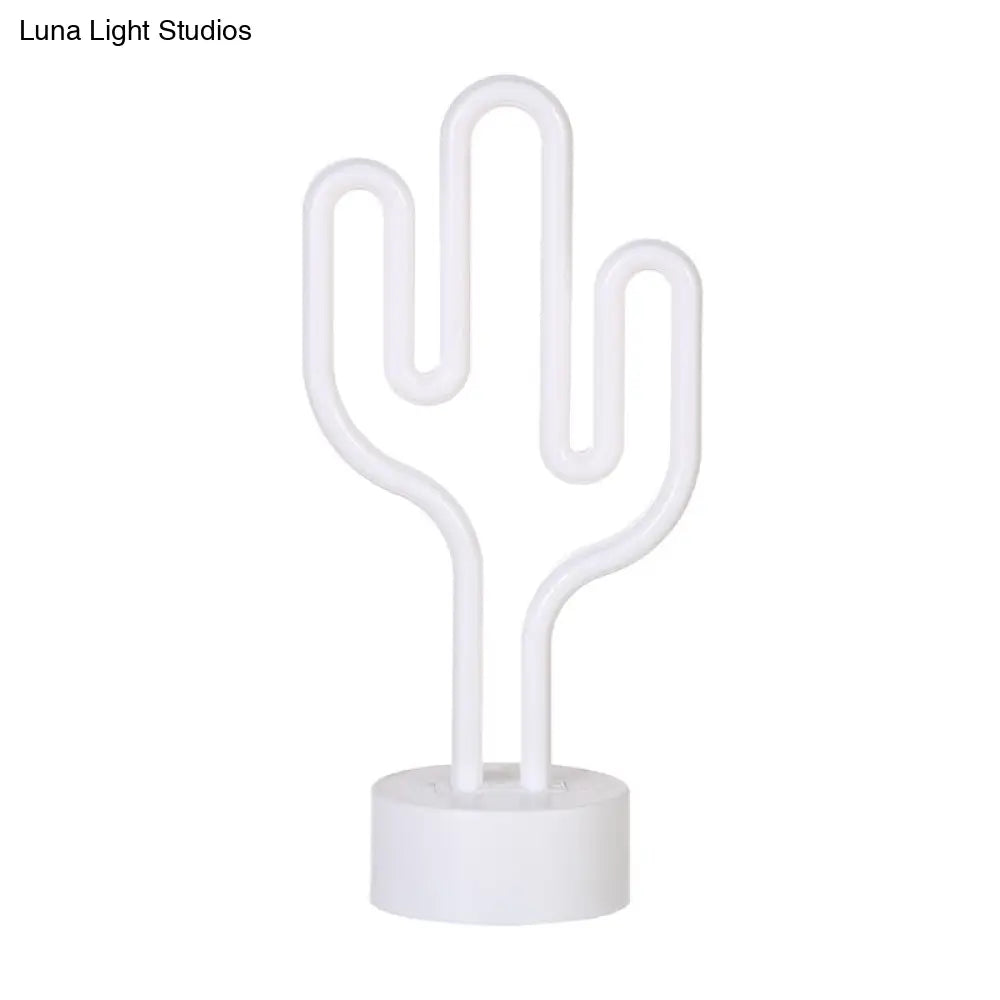 Contemporary Battery Operated Led Cactus Nightstand Lamp - White Plastic Table Lighting