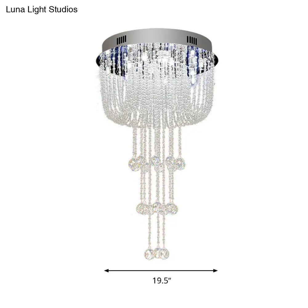Contemporary Beaded Crystal Led Flush Light Fixture - Nickel Mount Ceiling Lighting For Living Room