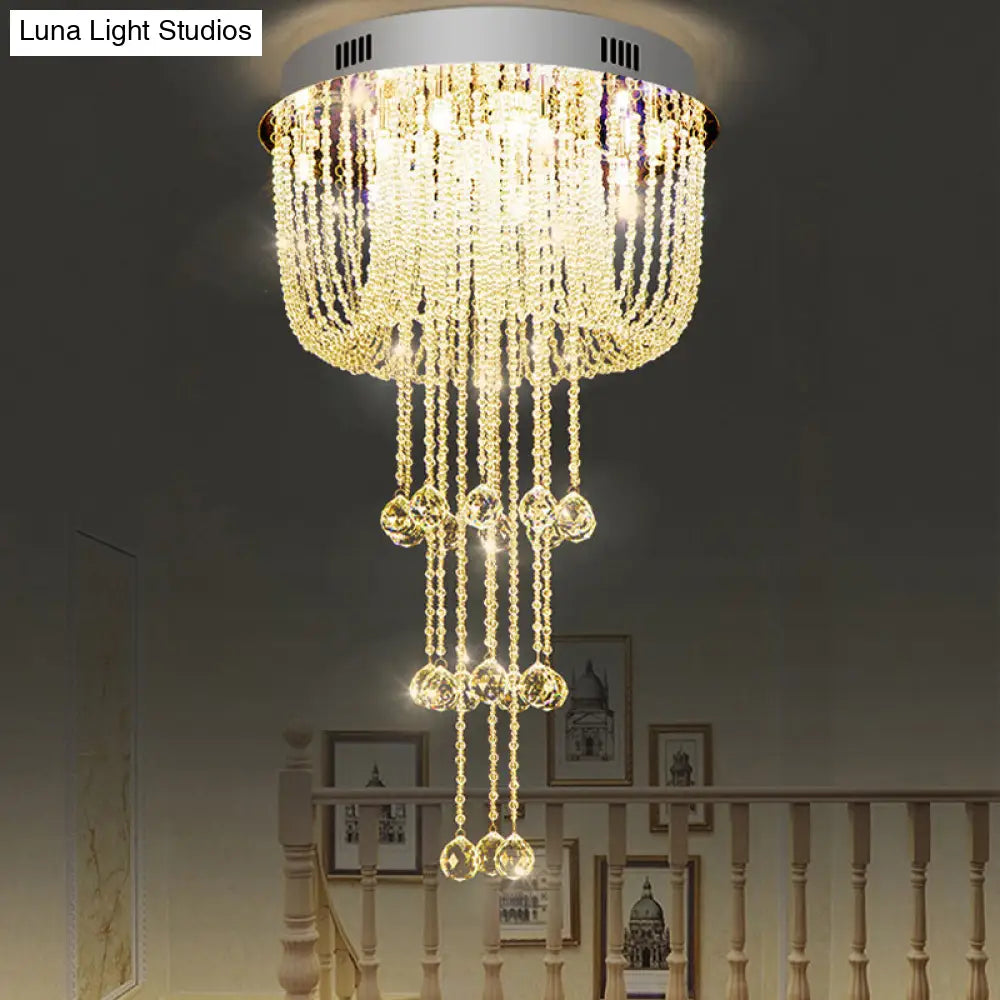 Contemporary Beaded Crystal Led Flush Light Fixture - Nickel Mount Ceiling Lighting For Living Room