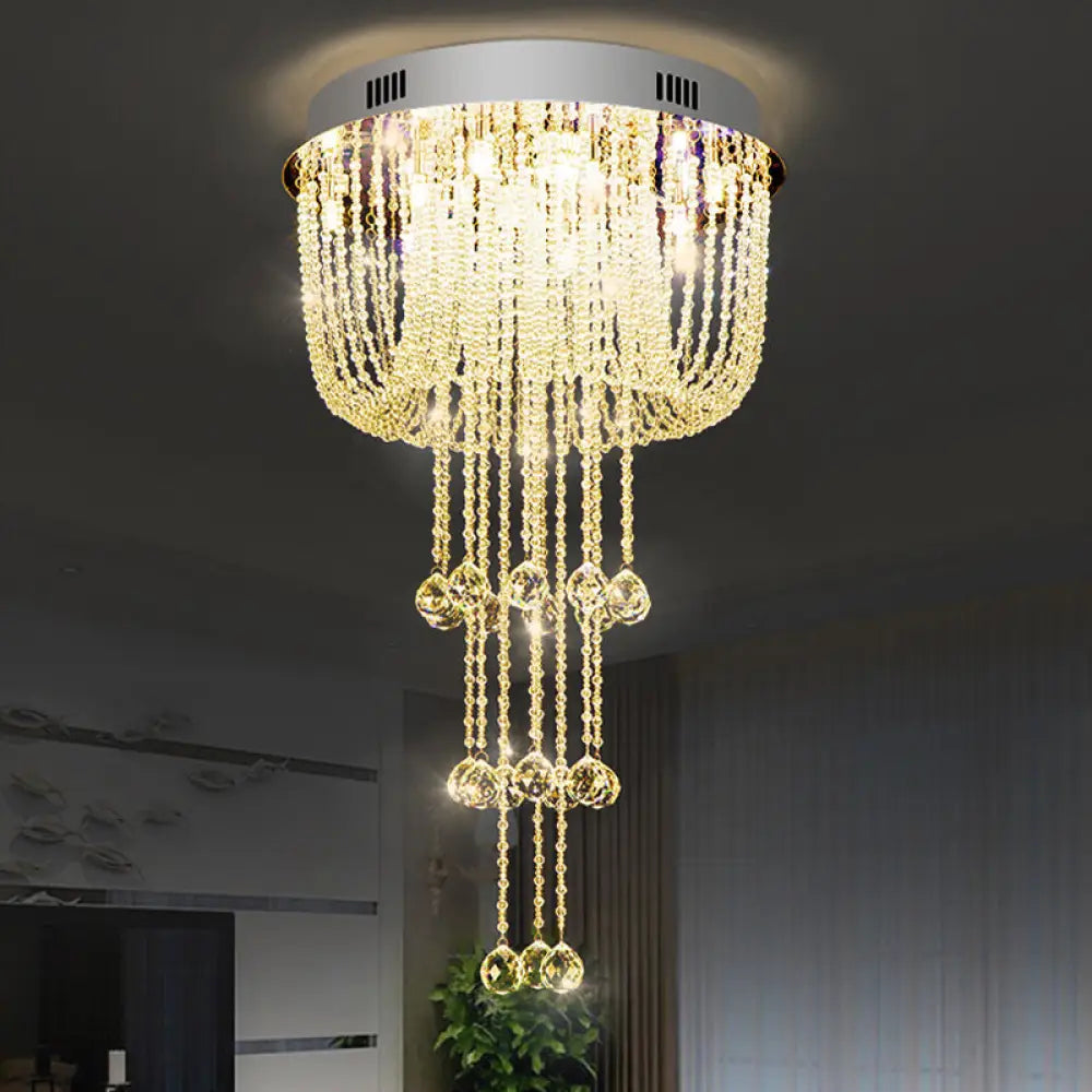Contemporary Beaded Crystal Led Flush Light Fixture - Nickel Mount Ceiling Lighting For Living Room