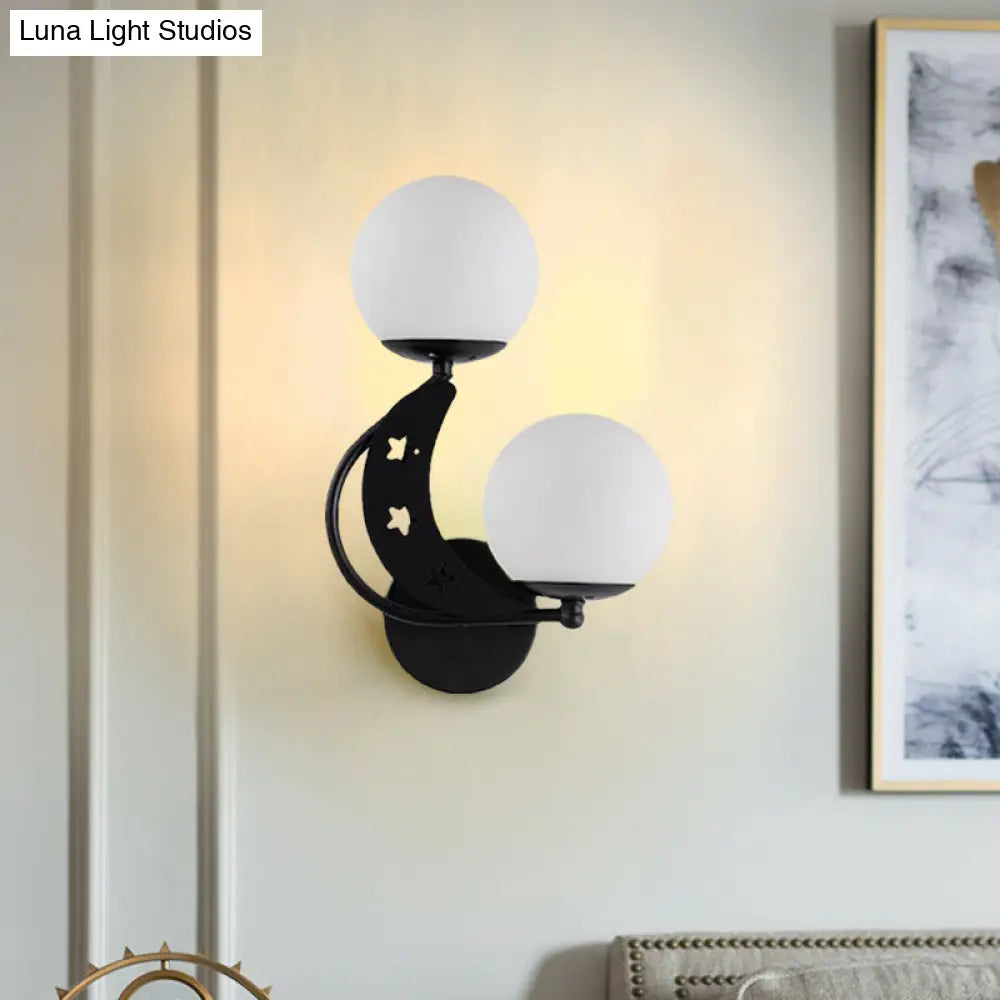 Contemporary Bedroom Sconce Light: 2 Bulbs Black/Gold Wall Lamp With Milky Glass Ball Shades