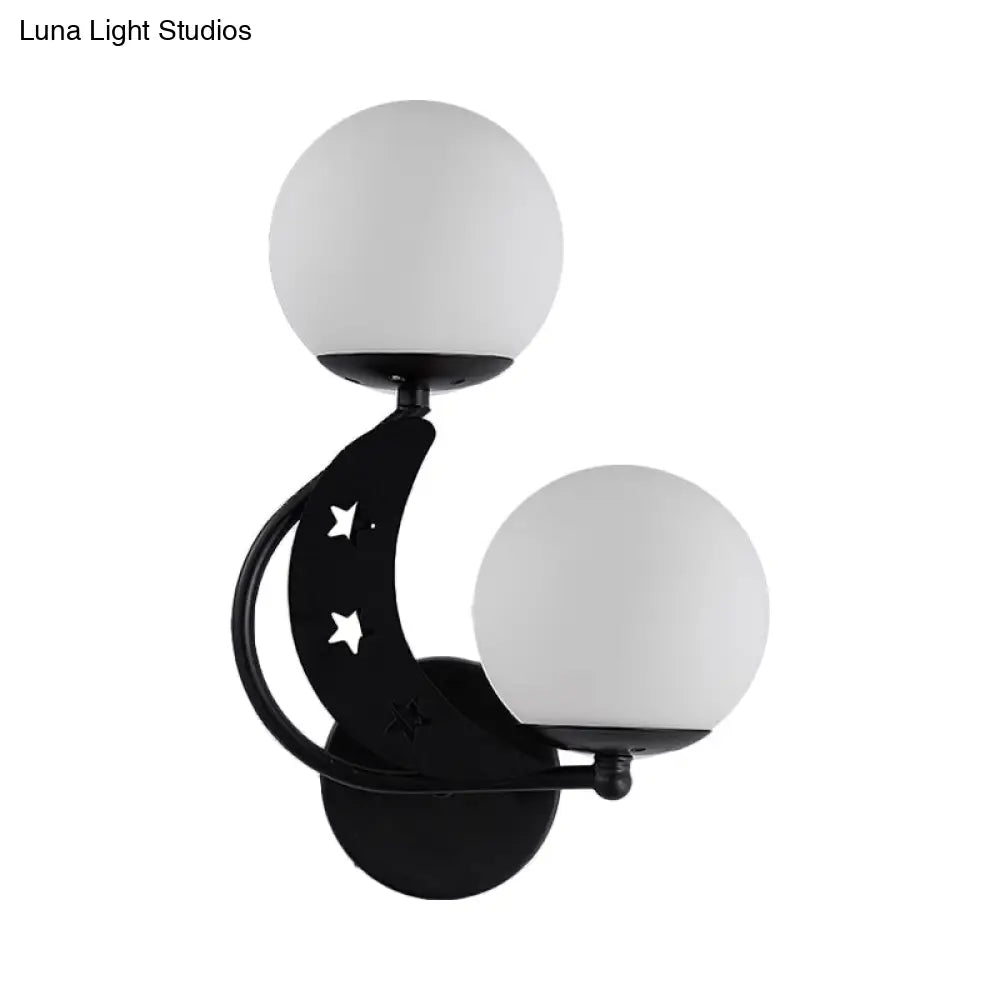 Contemporary Bedroom Sconce Light: 2 Bulbs Black/Gold Wall Lamp With Milky Glass Ball Shades