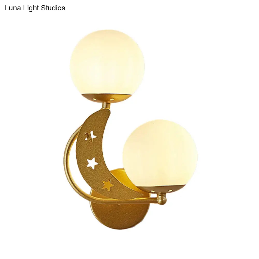 Contemporary Bedroom Sconce Light: 2 Bulbs Black/Gold Wall Lamp With Milky Glass Ball Shades