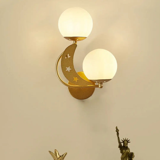 Contemporary Bedroom Sconce Light: 2 Bulbs Black/Gold Wall Lamp With Milky Glass Ball Shades