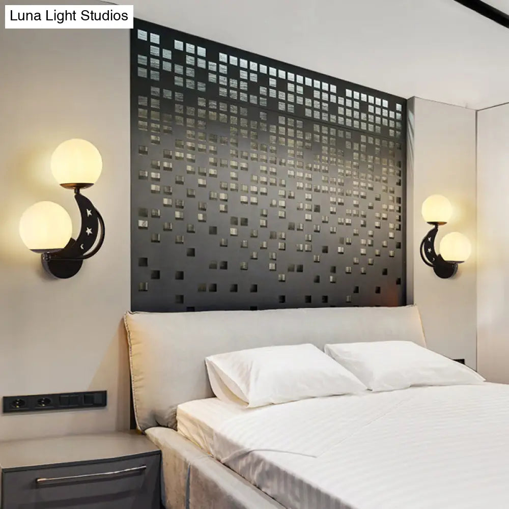 Contemporary Bedroom Sconce Light: 2 Bulbs Black/Gold Wall Lamp With Milky Glass Ball Shades