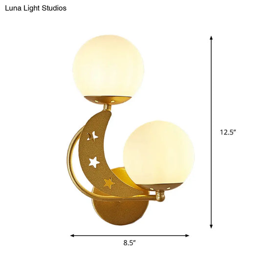 Contemporary Bedroom Sconce Light: 2 Bulbs Black/Gold Wall Lamp With Milky Glass Ball Shades