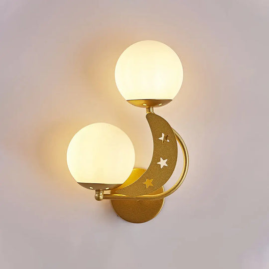 Contemporary Bedroom Sconce Light: 2 Bulbs Black/Gold Wall Lamp With Milky Glass Ball Shades