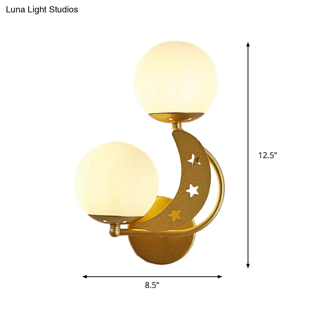 Contemporary Bedroom Sconce Light: 2 Bulbs Black/Gold Wall Lamp With Milky Glass Ball Shades