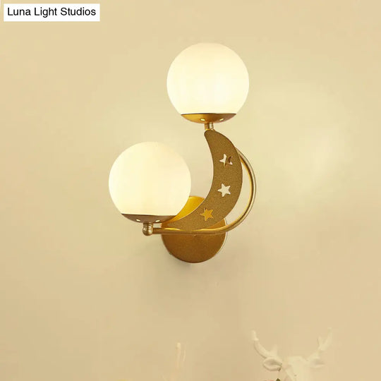 Contemporary Bedroom Sconce Light: 2 Bulbs Black/Gold Wall Lamp With Milky Glass Ball Shades