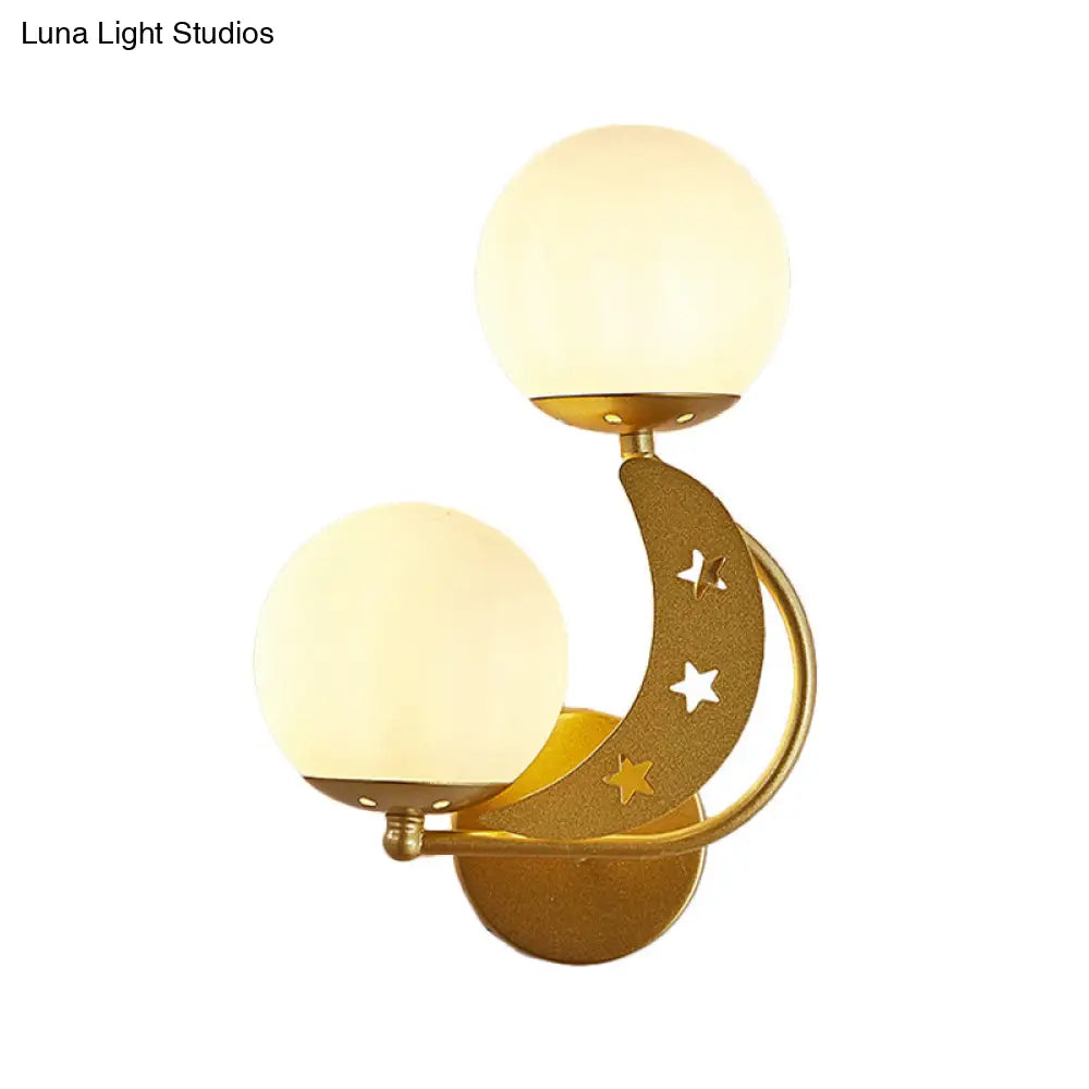 Contemporary Bedroom Sconce Light: 2 Bulbs Black/Gold Wall Lamp With Milky Glass Ball Shades