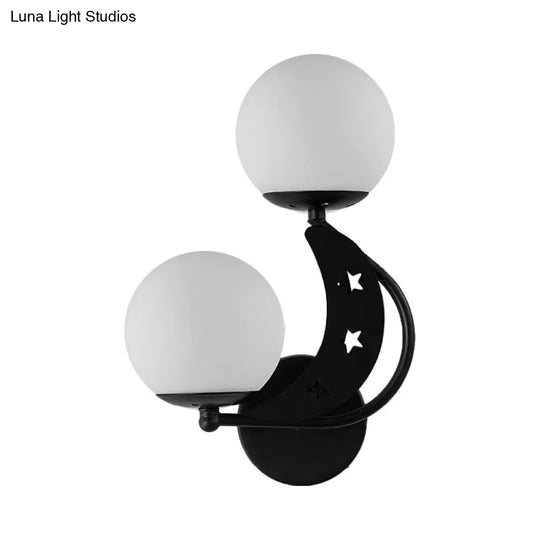 Contemporary Bedroom Sconce Light: 2 Bulbs Black/Gold Wall Lamp With Milky Glass Ball Shades