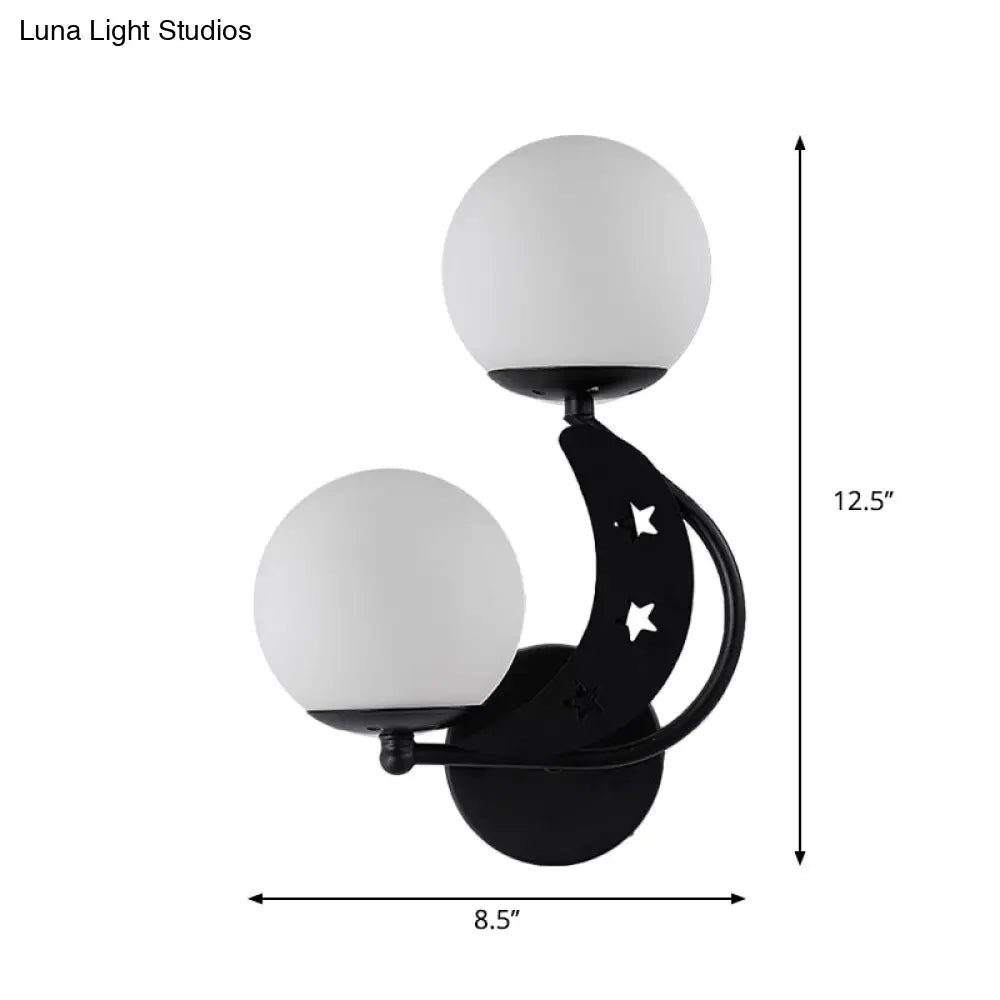 Contemporary Bedroom Sconce Light: 2 Bulbs Black/Gold Wall Lamp With Milky Glass Ball Shades