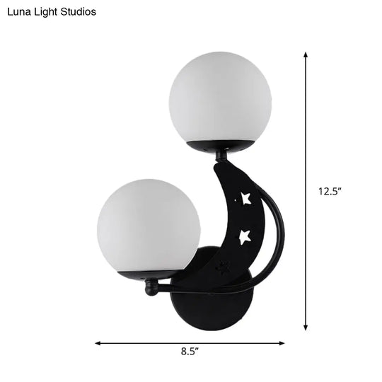 Contemporary Bedroom Sconce Light: 2 Bulbs Black/Gold Wall Lamp With Milky Glass Ball Shades