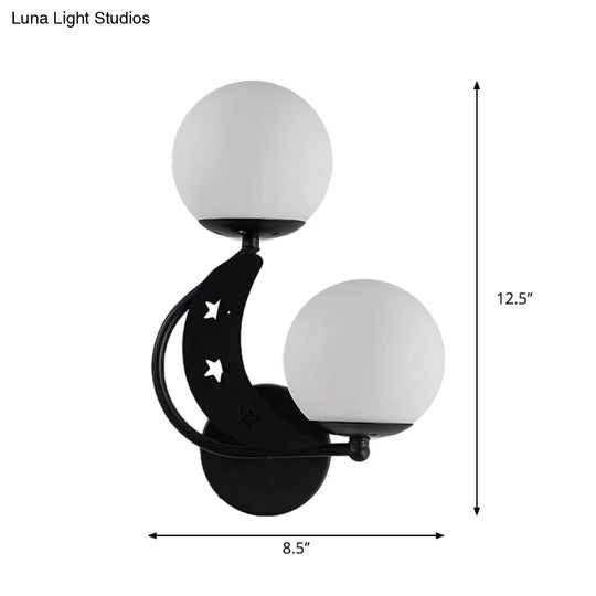 Contemporary Bedroom Sconce Light: 2 Bulbs Black/Gold Wall Lamp With Milky Glass Ball Shades