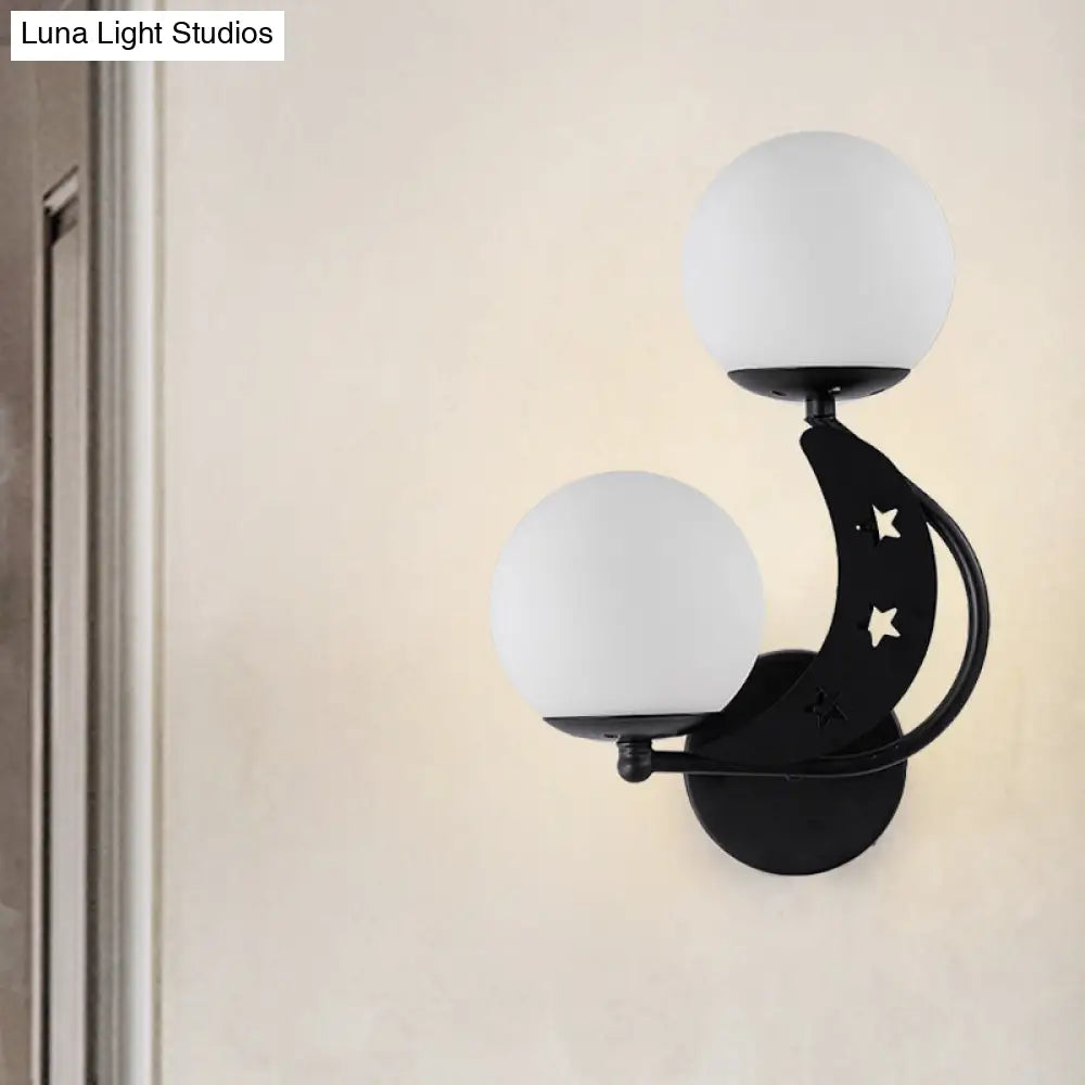 Contemporary Bedroom Sconce Light: 2 Bulbs Black/Gold Wall Lamp With Milky Glass Ball Shades