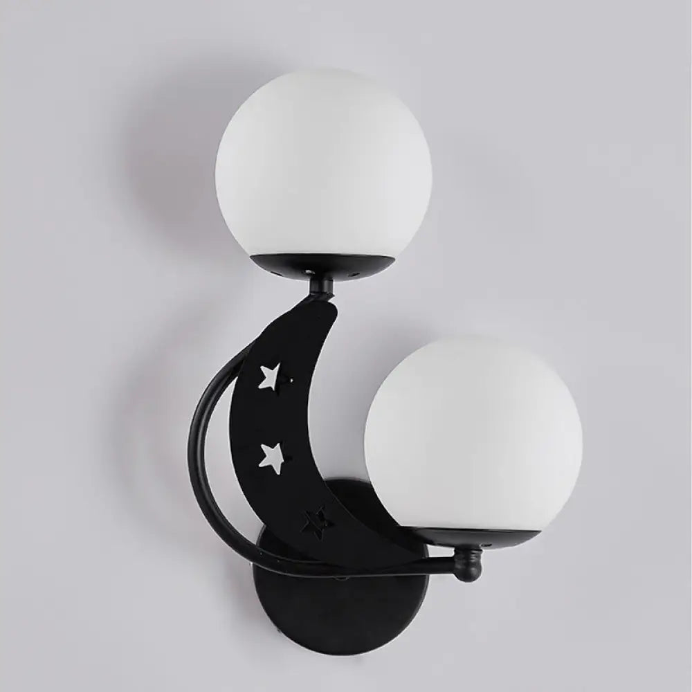 Contemporary Bedroom Sconce Light: 2 Bulbs Black/Gold Wall Lamp With Milky Glass Ball Shades