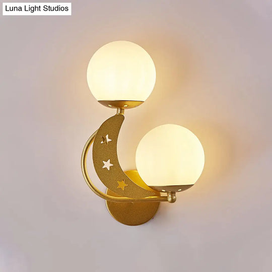 Contemporary Bedroom Sconce Light: 2 Bulbs Black/Gold Wall Lamp With Milky Glass Ball Shades