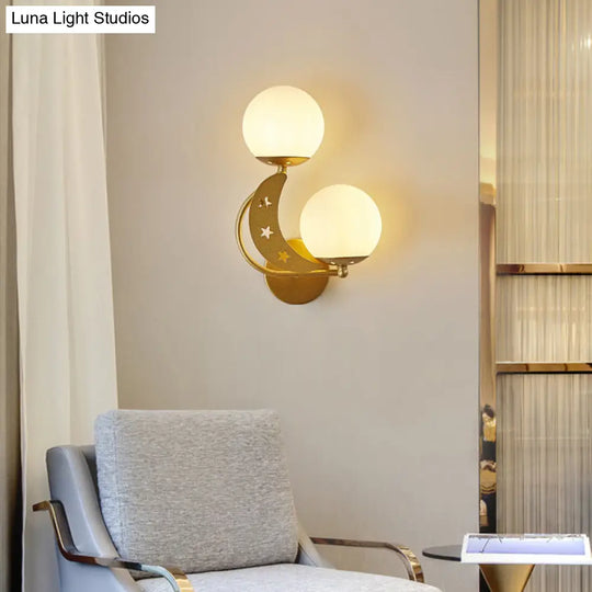 Contemporary Bedroom Sconce Light: 2 Bulbs Black/Gold Wall Lamp With Milky Glass Ball Shades