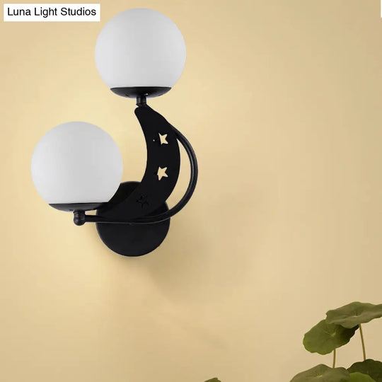 Contemporary Bedroom Sconce Light: 2 Bulbs Black/Gold Wall Lamp With Milky Glass Ball Shades