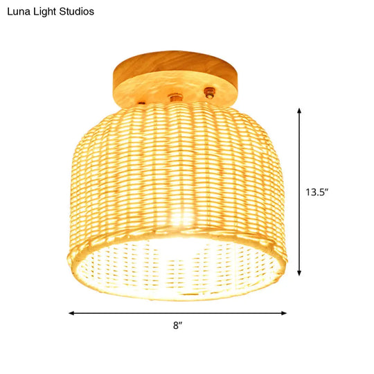 Contemporary Beige Bowl/Cylindrical Bamboo Ceiling Mount Light Fixture - 1 Head Semi-Mount Lighting