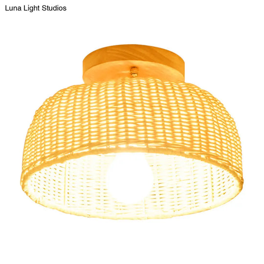 Contemporary Beige Bowl/Cylindrical Bamboo Ceiling Mount Light Fixture - 1 Head Semi-Mount Lighting