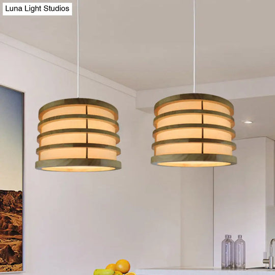 Contemporary Beige Bucket Pendant: 1-Light Wood Hanging Fixture