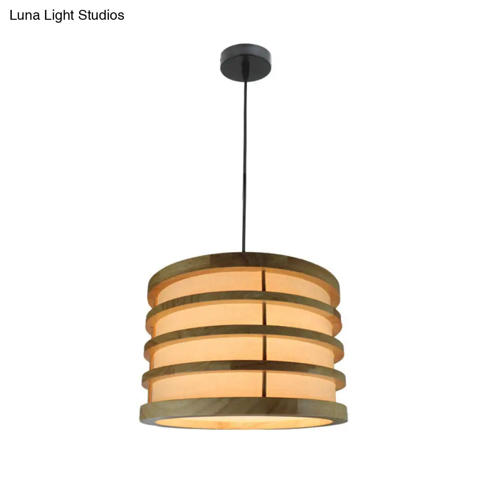 Contemporary Beige Bucket Pendant: 1-Light Wood Hanging Fixture