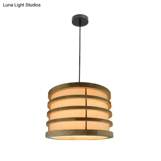 Contemporary Beige Bucket Pendant: 1-Light Wood Hanging Fixture