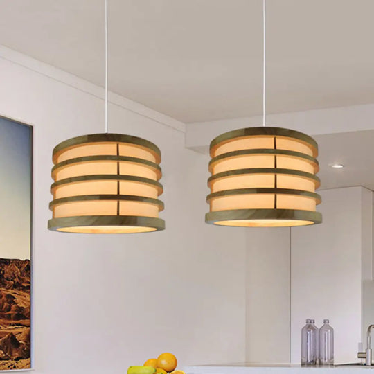 Contemporary Beige Bucket Pendant: 1-Light Wood Hanging Fixture