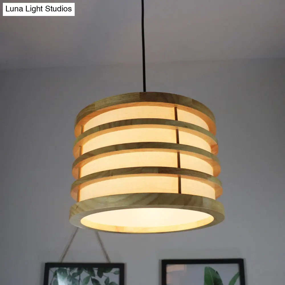 Contemporary Beige Bucket Pendant: 1-Light Wood Hanging Fixture