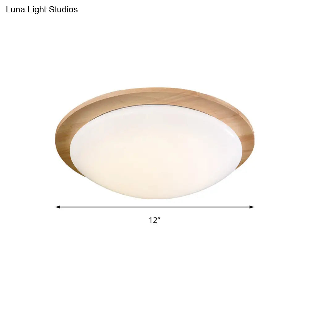 Contemporary Beige Led Flush Mount Lamp With Wood Canopy - 12/15 Wide Sphere Design