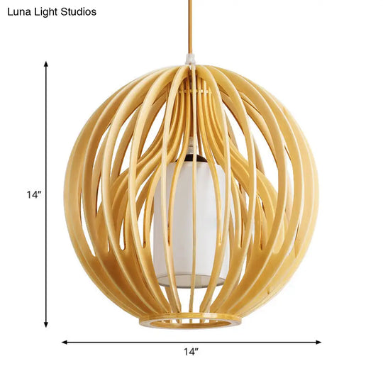 Contemporary Beige Hanging Lamp For Restaurants - Wood Ceiling Pendant With Orb/Hat Design