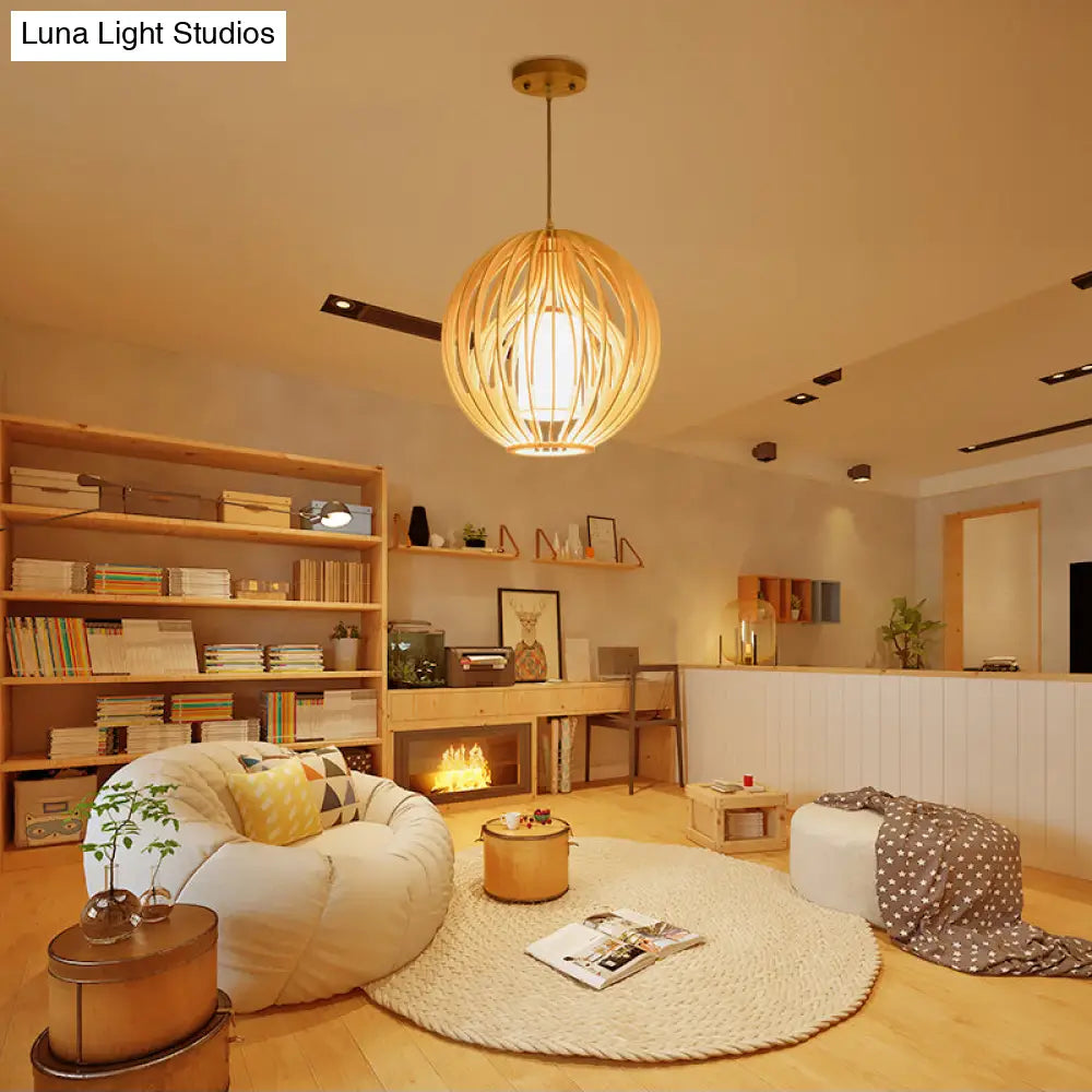 Contemporary Beige Orb/Hat Hanging Lamp - Wood Ceiling Pendant Light For Restaurants